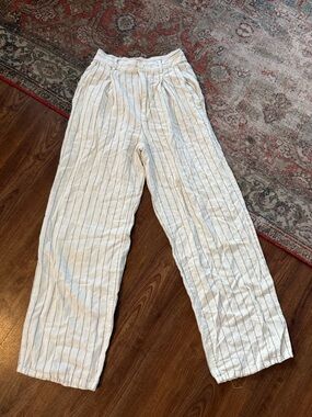 Light Striped Linen-Blend Wide Leg Pants - Cream with Brown Pinstripes